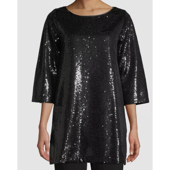 Joan Vass Womens Large/2 Sequin Easy Tunic Top Black Crew Neck 3/4 Sleeves - Picture 1 of 8